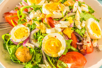 German food - vegetable salad with boiled egg on plate on rustic background