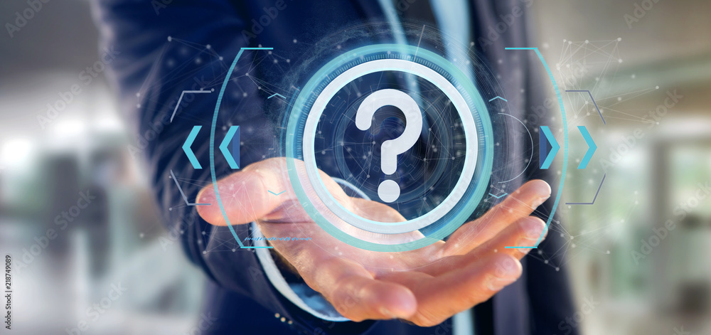 Poster man holding a technology question mark icon on a circle 3d rendering
