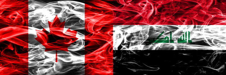 Canada vs Iraq smoke flags placed side by side. Canadian and Iraq flag together