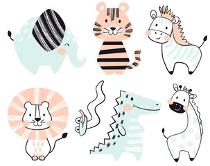 Crocodile, elephant, tiger, zebra, lion, giraffe, snake baby cute print set.