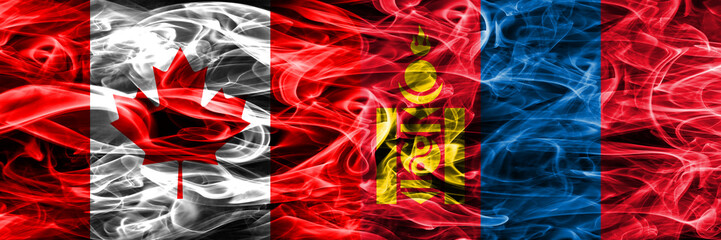 Canada vs Mongolia smoke flags placed side by side. Canadian and Mongolia flag together