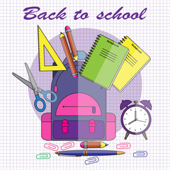 Back to school.Vector illustration in flat style.School-backpack with ruler, alarm clocks, notebook, pen and pencil