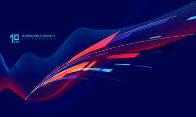 Abstract perspective technology geometric and twist lines colorful on dark blue background.