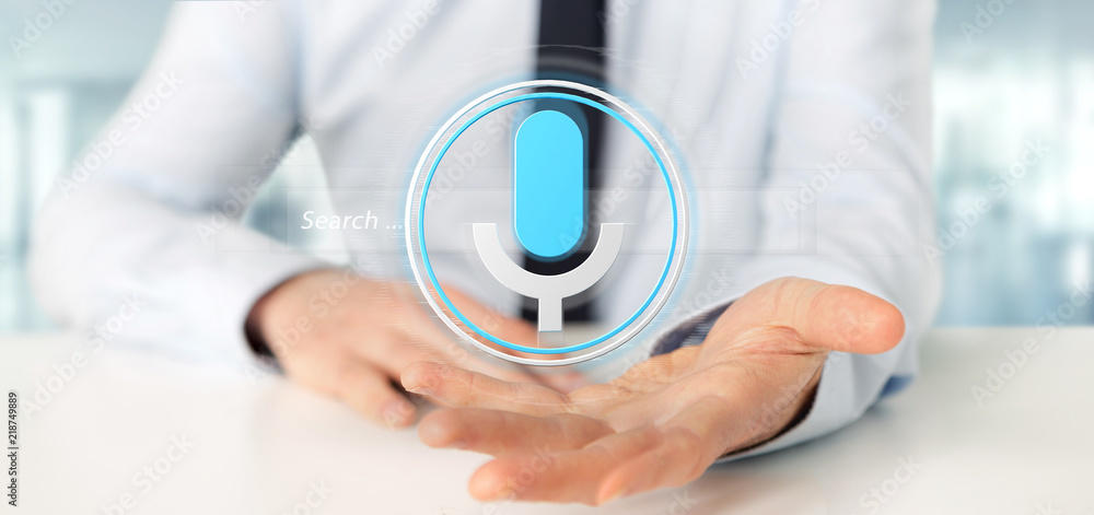 Poster businessman holding a vocal search system with button and icon3d rendering