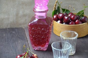 Cherry Drink Mulled Wine, horizontal, selective focus. cherry alcohol tincture. liquor