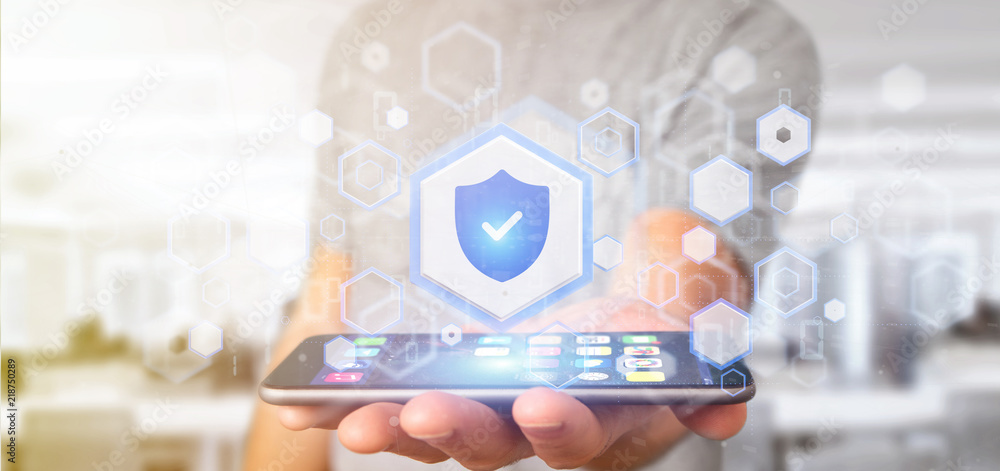 Poster man holding a shield web security concept 3d rendering