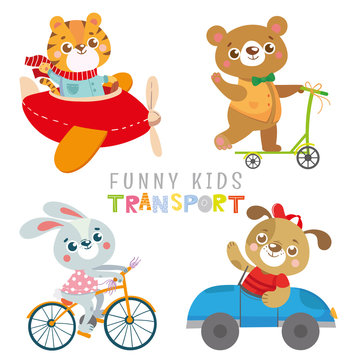 Set with funny animals. Collection kids transport.Dog, tiger, rabbit, bear. Vector illustration on white background
