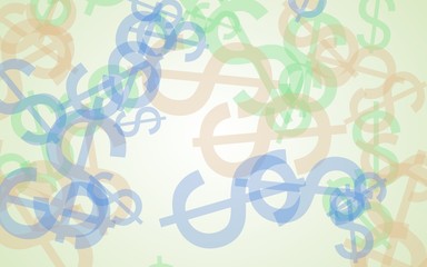 Multicolored translucent dollar signs on white background. Green tones. 3D illustration