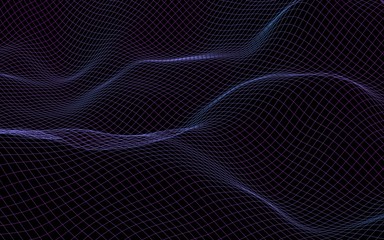 Abstract landscape on a dark background. Cyberspace navy blue grid. Hi-tech network. 3D illustration