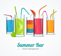 Summer Bar and Cocktail Glasses Concept Card Poster. Vector