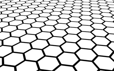 Black honeycomb on a white background. Perspective view on polygon look like honeycomb. Isometric geometry. 3D illustration