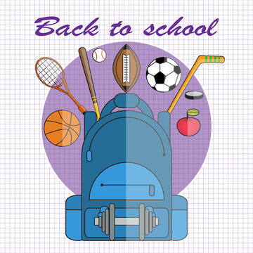 Back-to-school-vector-illustration-in-flat-style-school-backpack-with-dumbbell-soccer-and-basketball-balls-baseball-bat-racket-hockey-stick