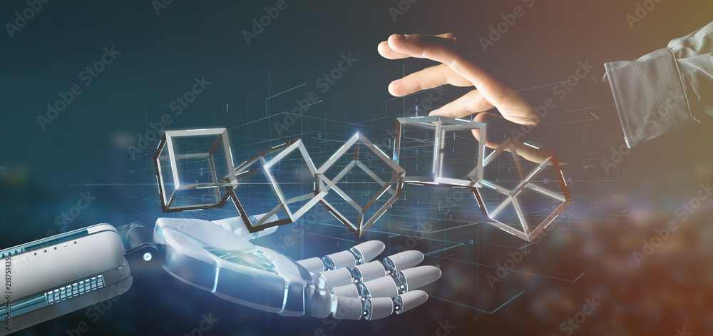 Aufkleber cyborg hand holding a blockchain cube 3d rendering