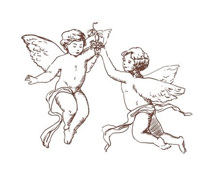 Pair of flying Cupids or angels carrying bunch of grapes hand drawn with contour lines on white background