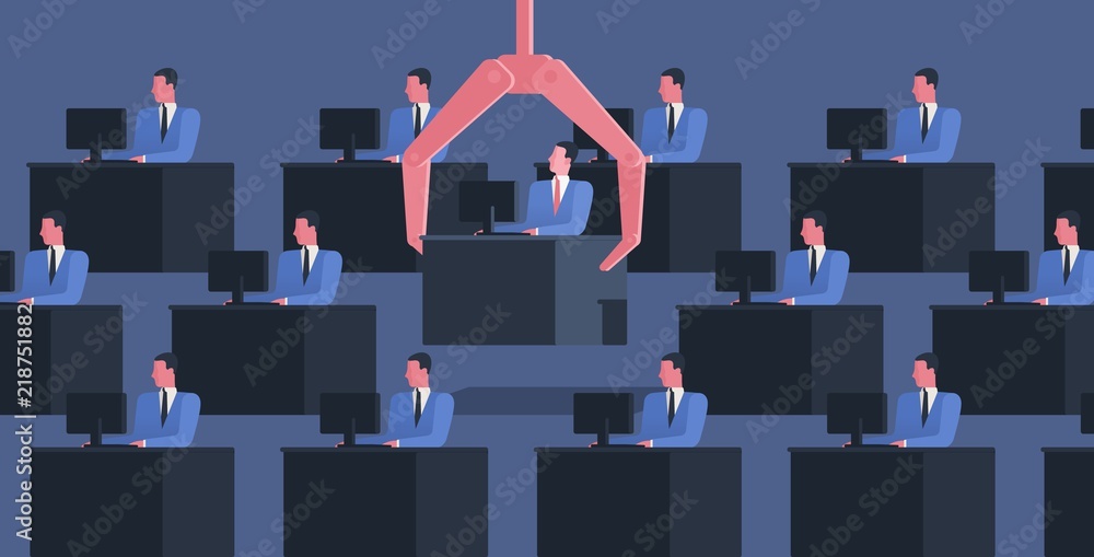 Aufkleber Identical people sit at desks with computers and large robotic arm grabbing one of them. Concept of dismissal of employee, office worker or clerk. Colorful vector illustration in flat cartoon style.