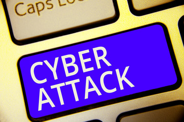 Conceptual hand writing showing Cyber Attack. Business photo showcasing An attempt by hackers to Damage Destroy a Computer System Keyboard blue key Intention computer reflection document.