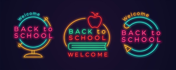 Set of Back to school neon icons. Vector illustration