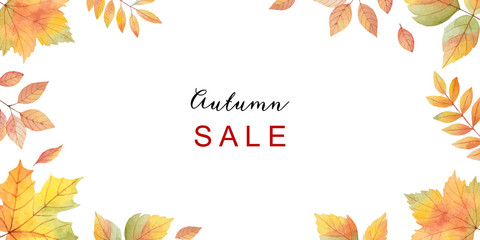Watercolor autumn vector card template design of leaves and branches isolated on white background.