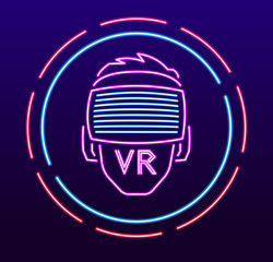 Man wearing virtual reality headset. Abstract vr world with neon lines. Vector illustration