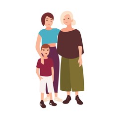Portrait of smiling female homosexual partners or spouses standing together with adopted boy kid