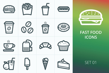 Fast food icons set. Set of burger, french fries, coffee, tea, dessert, bakery, ice cream icons.
