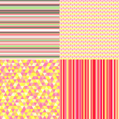 Set of seamless colored patterns. Pretty light colors. Backdrop with stripes. Abstract triangle wallpaper of the surface. Striped backgrounds. Print for polygraphy, posters, t-shirts and textiles