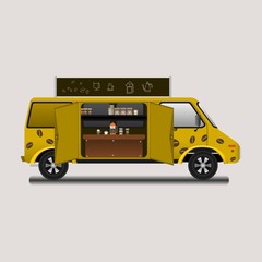 Detailed Yellow Mobile Coffee Shop Vector Illustration With Hand Drawn Doodle on Sign Board and Brewing Equipment. Can be Used for Food Truck Concept.