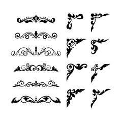 Hand drawn divider and corner set vintage style. Traced by hand from own sketch. Collection black floral decorative element