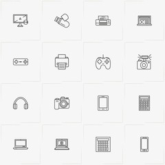 Gadgets line icon set with smart phone, flash card  and printer