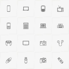 Gadgets line icon set with flash card , television and printer