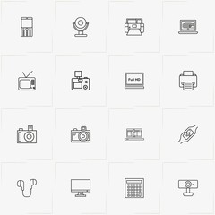 Gadgets line icon set with earphones, television and mobile phone
