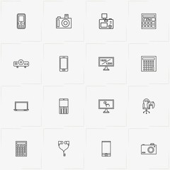 Gadgets line icon set with earphones, photo camera and mobile phone