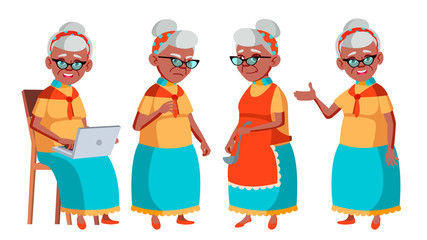 Old Woman Poses Set Vector. Black. Afro American. Elderly People. Senior Person. Aged. Positive Pensioner. Web, Brochure, Poster Design. Isolated Cartoon Illustration