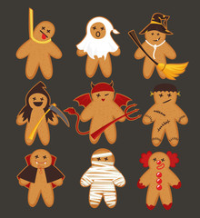Cartoon cute funny Halloween cookies. Gingerbread horror characters set. Vector illustration.