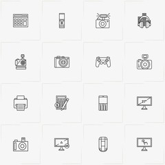 Gadgets line icon set with mobile phone, television and photo camera