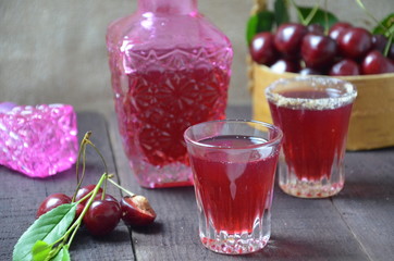 Cherry Drink Mulled Wine, horizontal, selective focus. cherry alcohol tincture. liquor