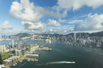 Fototapeta na wymiar Aerial view of Victoria Harbor of Hong Kong City