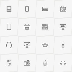 Gadgets line icon set with mobile phone, television and headphone