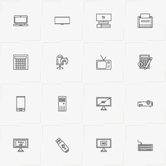 Gadgets line icon set with television, computer case and computer keyboard