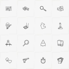 Games Genres line icon set with stopwatch, game joystick and puzzle