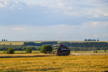 Combine harvester. old combine harvester working on the wheat field Kombain collects on the wheat...