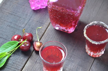 Cherry Drink Mulled Wine, horizontal, selective focus. cherry alcohol tincture. liquor