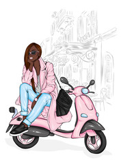 Fototapeta na wymiar Beautiful girl in a stylish coat, jeans and shoes. Vector illustration for a postcard or a poster. Fashion and style, clothing and accessories. Bouquet of peony and roses. Flowers. Vintage moped. 