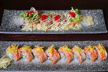 Japanese food, Sushi Set nigiri, rolls and sashimi, Philadelphia roll sushi with salmon