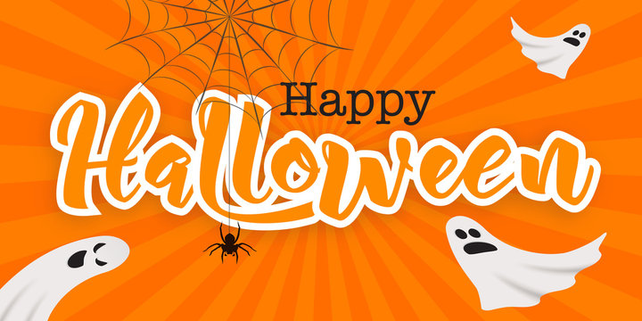 Happy Halloween lettering in paper cut technique, vector illustration. Orange comic sunburst background, spider on web, flying ghosts graphic design elements.