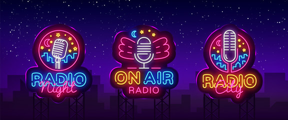 Radio Neon Sign collection Vector. Radio Night neon logos, design template, modern trend design, Radio neon signboard, night bright advertising, light banner. Vector illustration Billboards