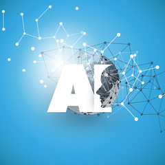 Machine Learning, Artificial Intelligence, Cloud Computing and Networks Design Concept with Geometric Network Mesh and AI Label