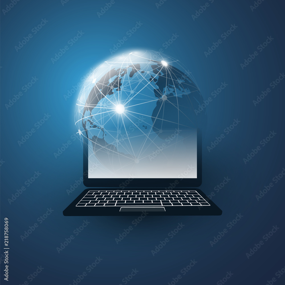 Poster cloud computing design concept with earth globe and tablet pc - digital network connections, technol