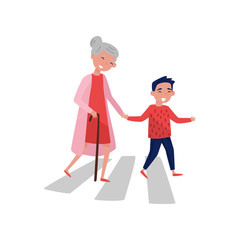 Polite boy helps elderly woman to cross the road. Cheerful school kid and old lady. Child with good manners. Flat vector design