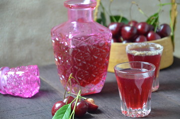 Cherry Drink Mulled Wine, horizontal, selective focus. cherry alcohol tincture. liquor